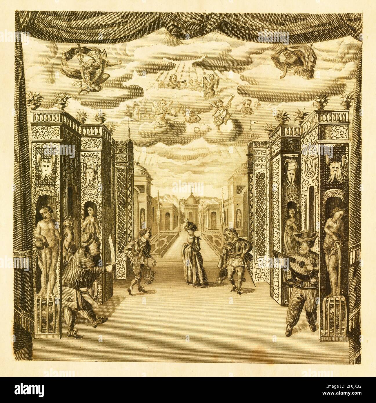 Gravure du XIXe siècle de pièce de théâtre au XVIIe siècle (c. 1630). Publié dans Systematischer Bilder-Atlas zum conversations-Lexikon, Ikonographische Banque D'Images