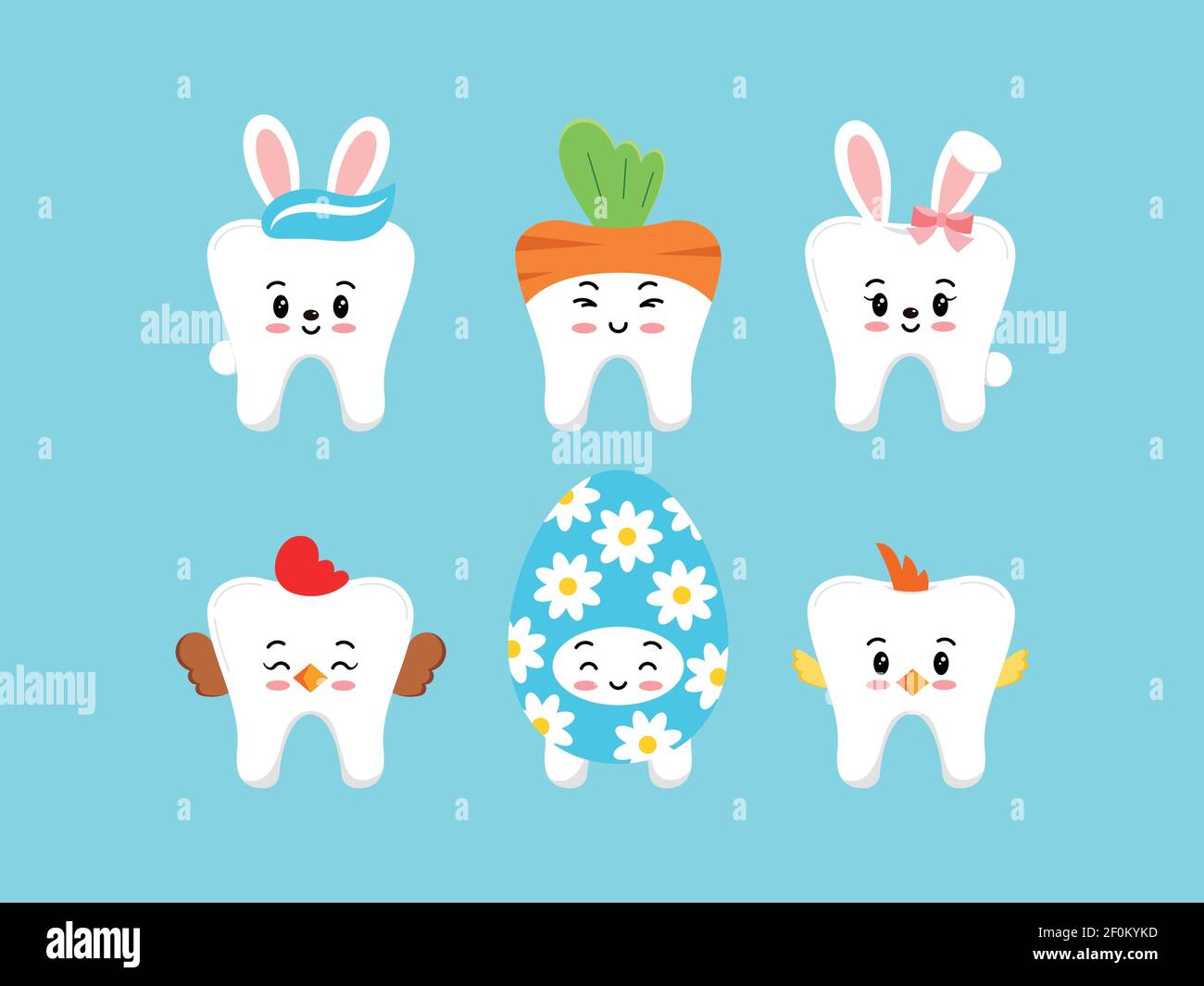 Pâques dents mignonnes icône dentaire ensemble isolé. Illustration de Vecteur