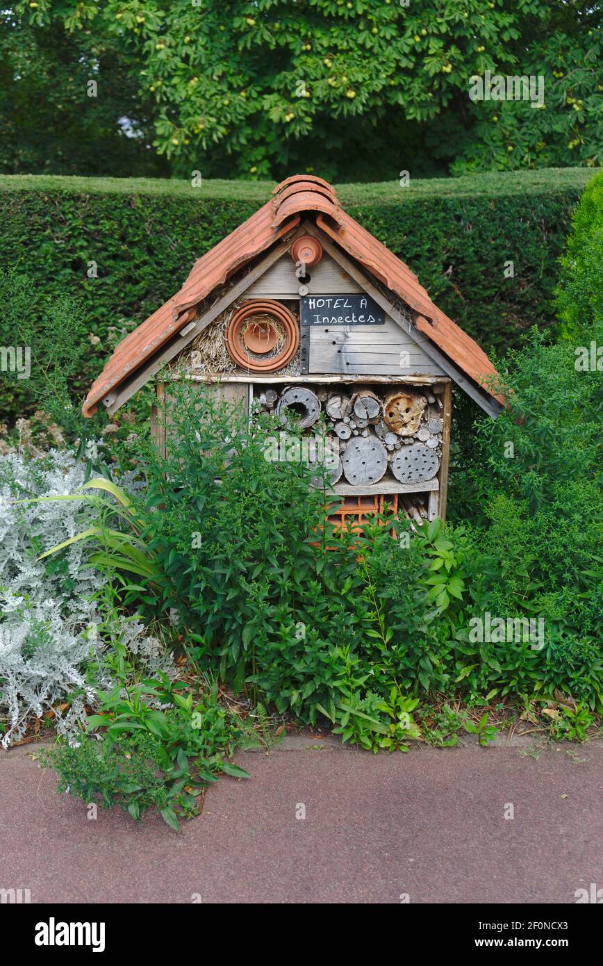 Hôtel d'insectes installé dans un jardin public, préservation des espèces Banque D'Images