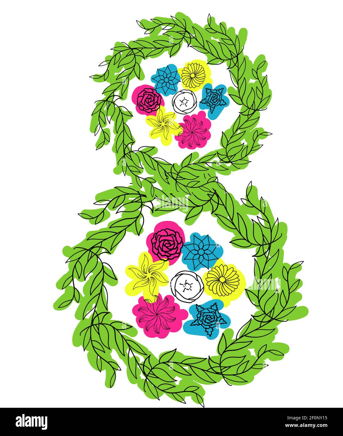 Le 8 mars est une fête internationale des femmes. Numéro huit parmi les couleurs en ligne et point sur fond blanc isolé. Illustration vectorielle pour le message d'accueil Illustration de Vecteur