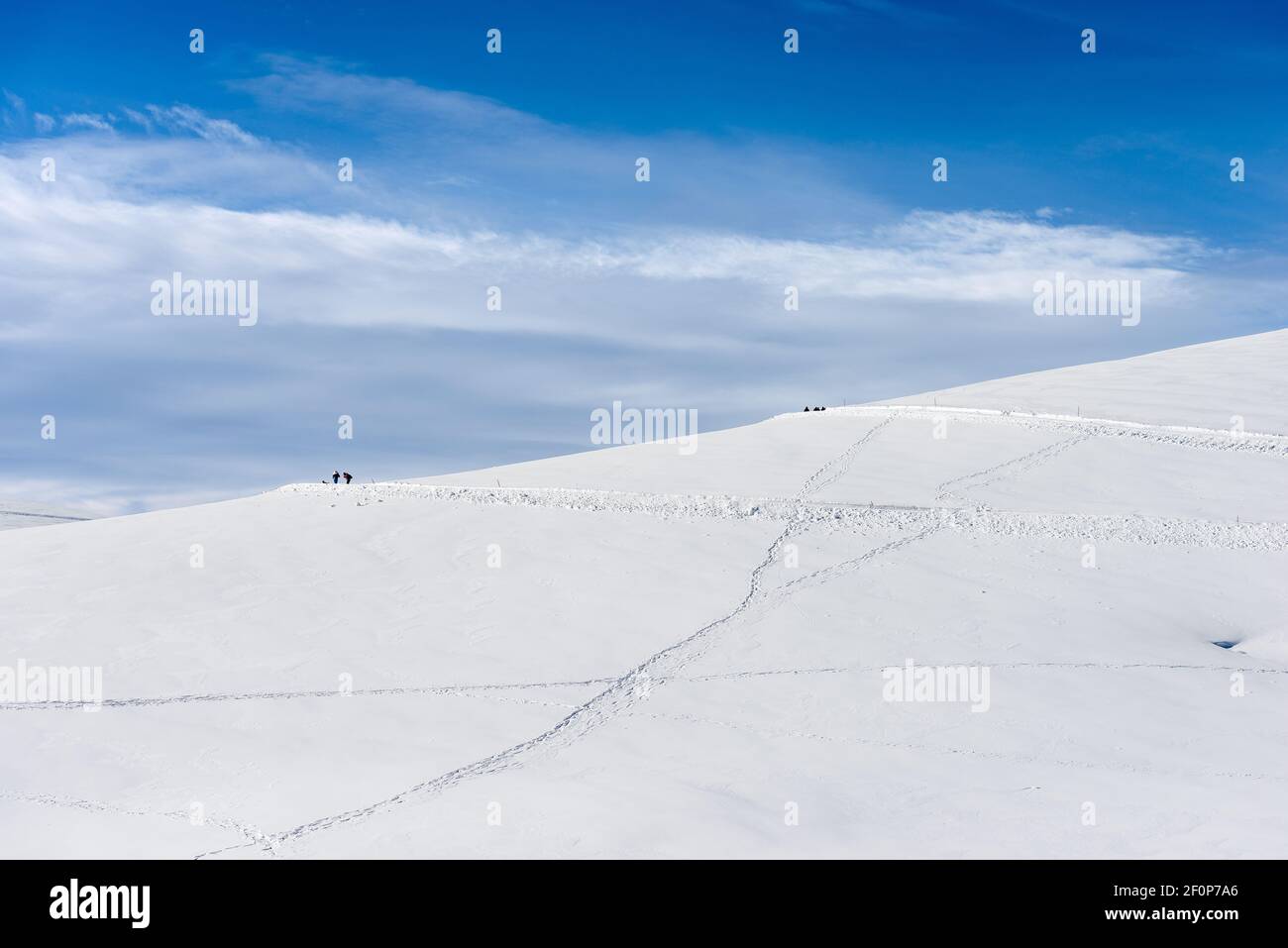 Pistes de ski de fond avec neige en hiver. Plateau de Lessinia, Parc naturel régional, près de Malga San Giorgio, station de ski, Vénétie, Italie, Europe. Banque D'Images