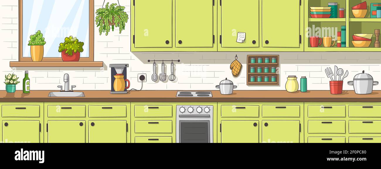 Cuisine verte, Panorama cuisine verte, panorama. Illustration vectorielle dessinée à la main avec des calques séparés. Illustration de Vecteur Cuisine verte, Panorama cuisine verte, panorama. Illustration vectorielle dessinée à la main avec des calques séparés. Illustration de Vecteur