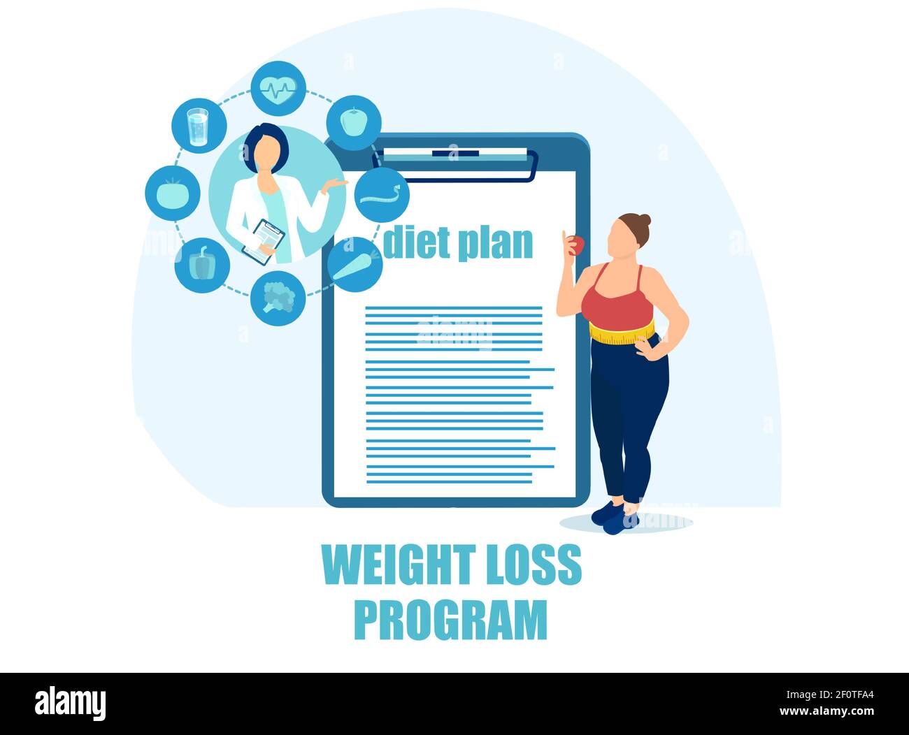 Vecteur d'une femme en surpoids suivant un plan de perte de poids recommandation d'un nutritionniste Illustration de Vecteur