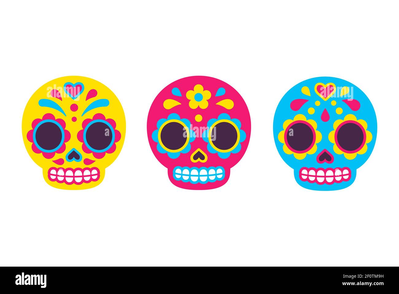 Mexicain Dia de los Muertos (jour des morts) icônes du crâne de sucre. Ensemble d'illustrations de dessin animé de style vectoriel plat. Illustration de Vecteur