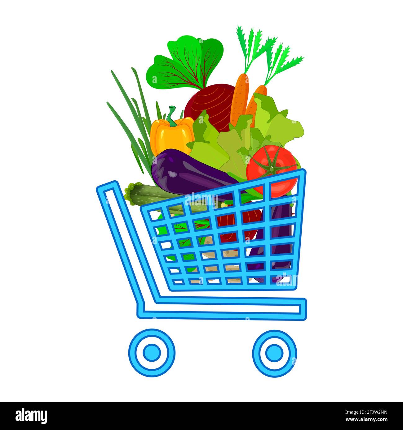 Panier avec légumes isolés sur fond blanc. Panier de supermarché. Chariot de shopping avec plein de nourriture. Illustration du vecteur de stock Illustration de Vecteur