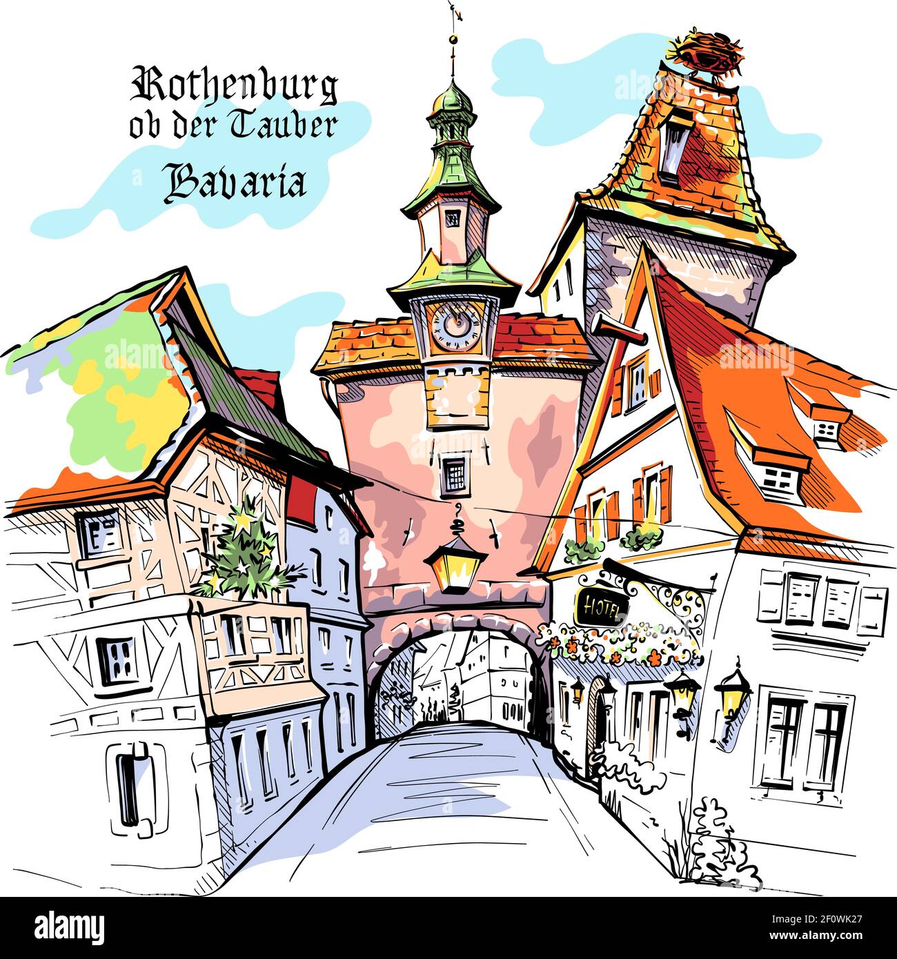Croquis en couleur vectoriel de Markuturm dans la vieille ville médiévale de Rothenburg ob der Tauber avec le nom de la ville, Bavière. Illustration de Vecteur