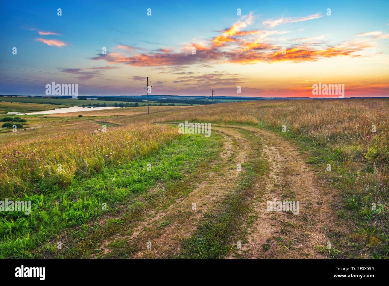 Paysage rural avec route terrestre et champ de blé dans une campagne au coucher du soleil d'été Banque D'Images