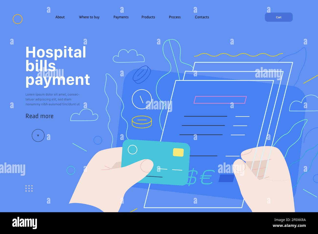 Modèle de page Web d'assurance médicale - paiement des factures d'hôpital - moderne vecteur plan concept illustration numérique - patient signant une pile de factures, ho Illustration de Vecteur