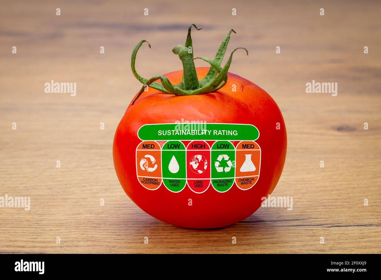Label de durabilité sur la tomate avec des cotes élevées, faibles et faibles pour l'empreinte carbone des aliments, l'utilisation de l'eau, l'utilisation du sol, les déchets d'emballage et la wast chimique Banque D'Images
