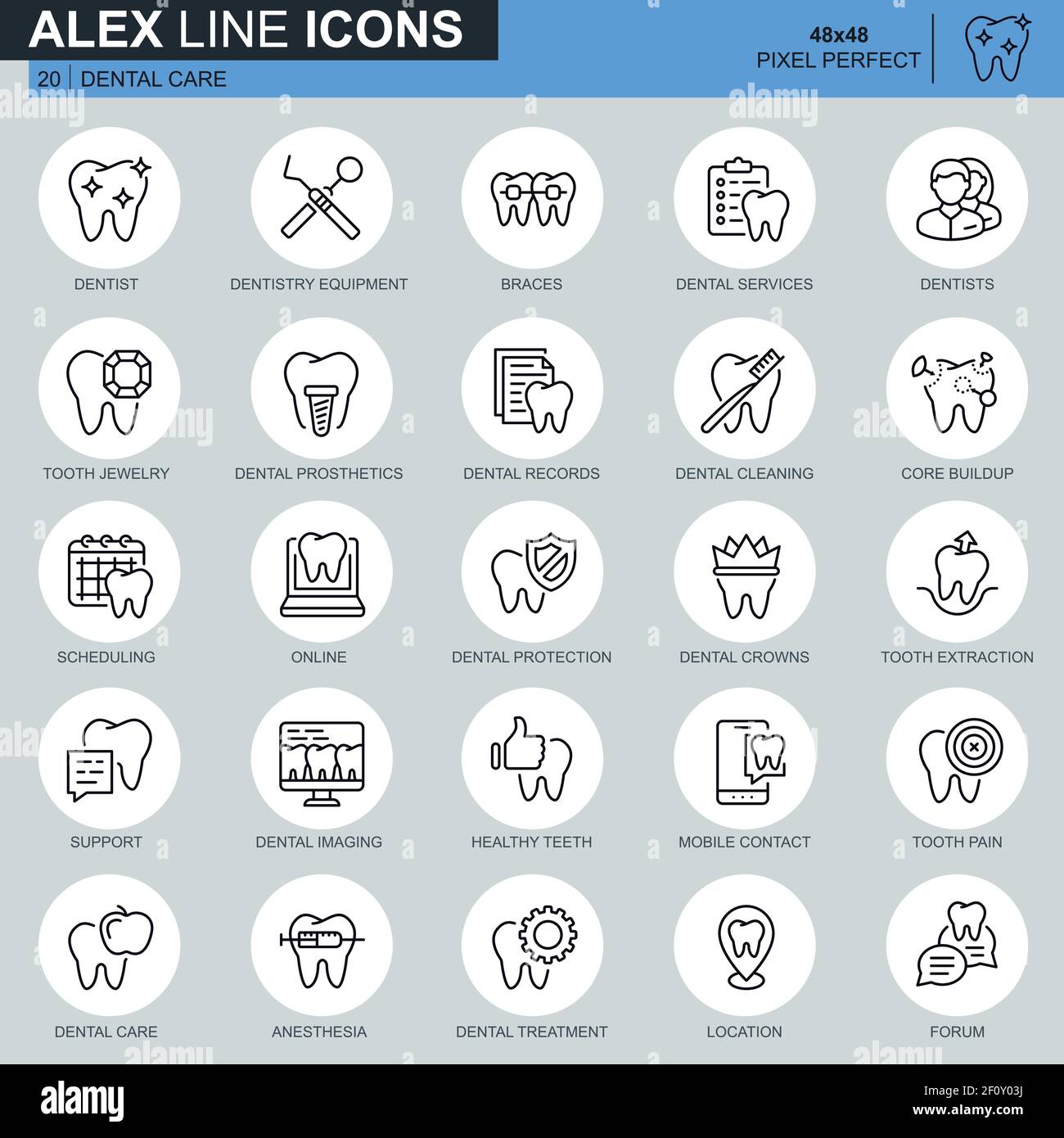 Soins dentaires en ligne fine, équipement dentaire, icônes d'hygiène pour le site Web et le site mobile et les applications. Contient des icônes telles que le dentiste, les bretelles. 48 x 48 pixels Illustration de Vecteur