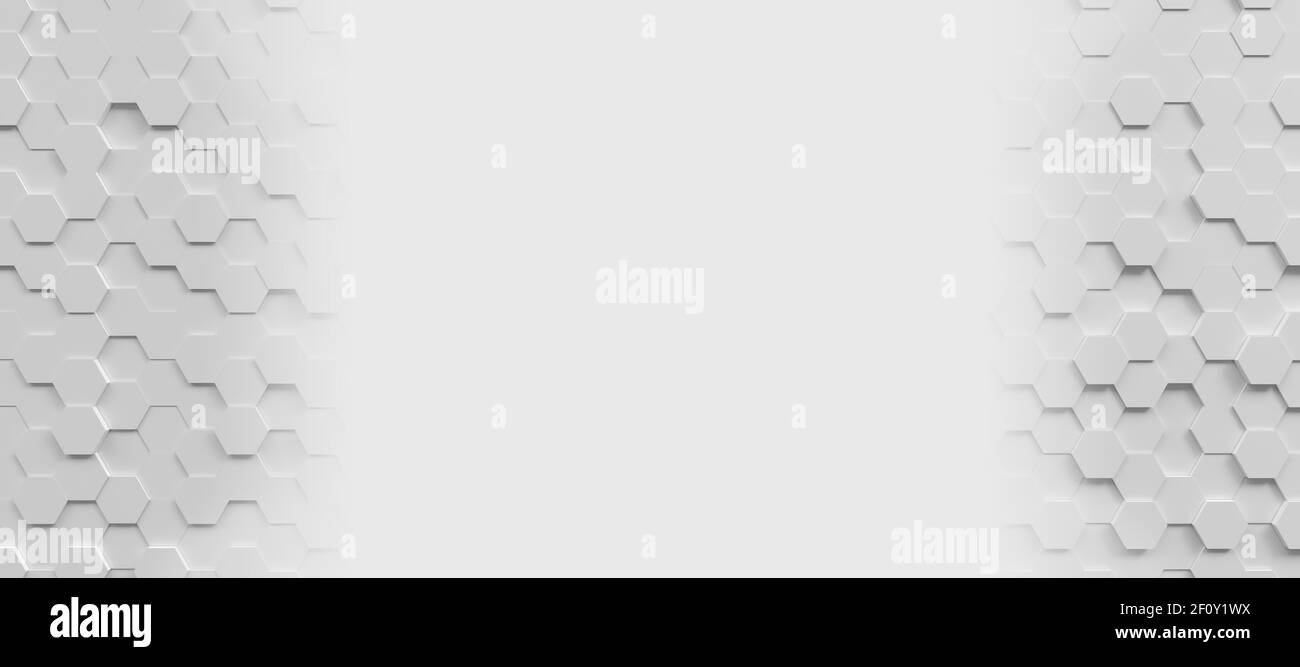 Arrière-plan panoramique hexagonal blanc avec rendu 3D des structures géométriques Banque D'Images