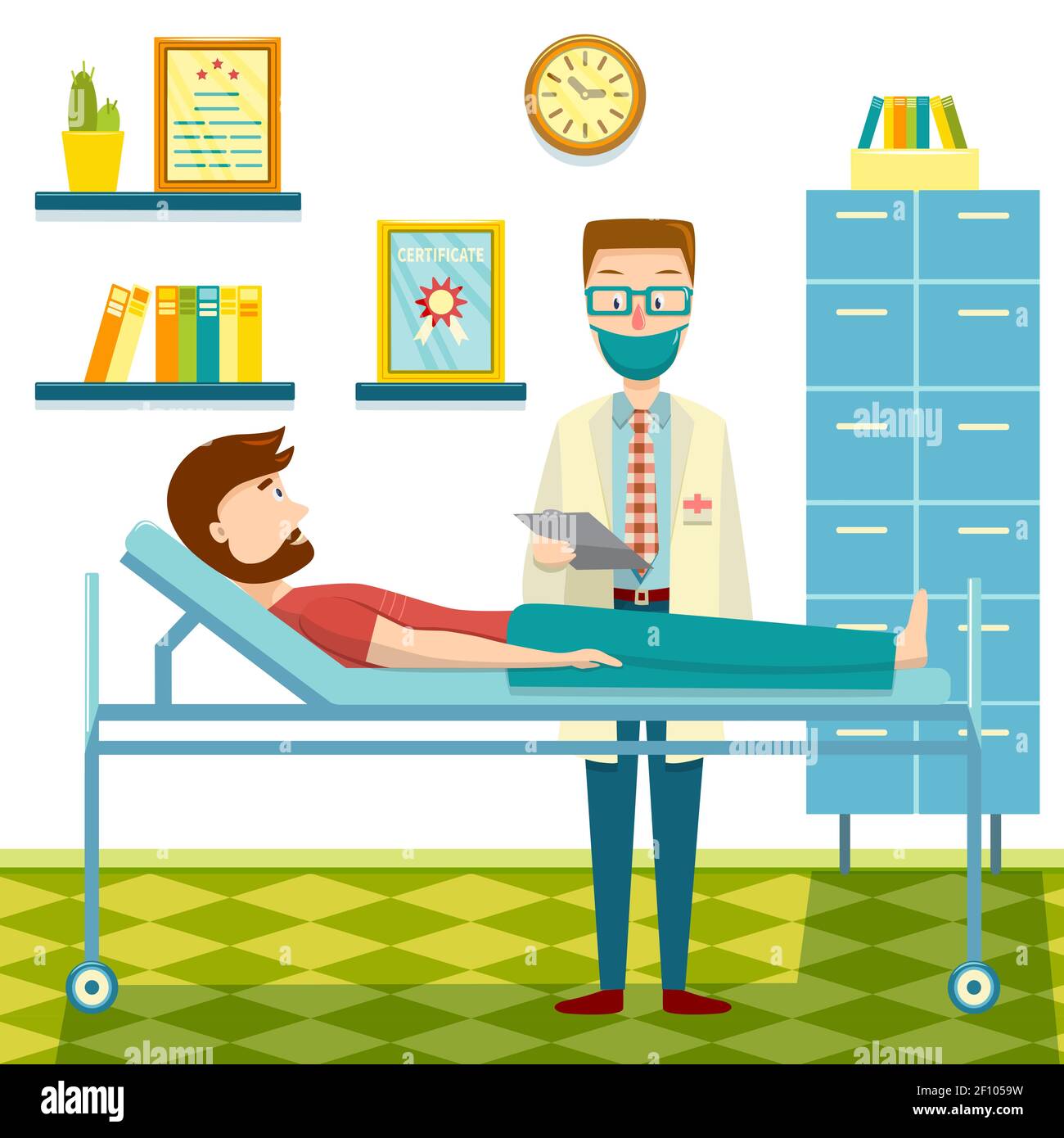 Médecin et patient à plat, y compris l'homme barbu couché illustration vectorielle de la table dans la salle de consultation Illustration de Vecteur