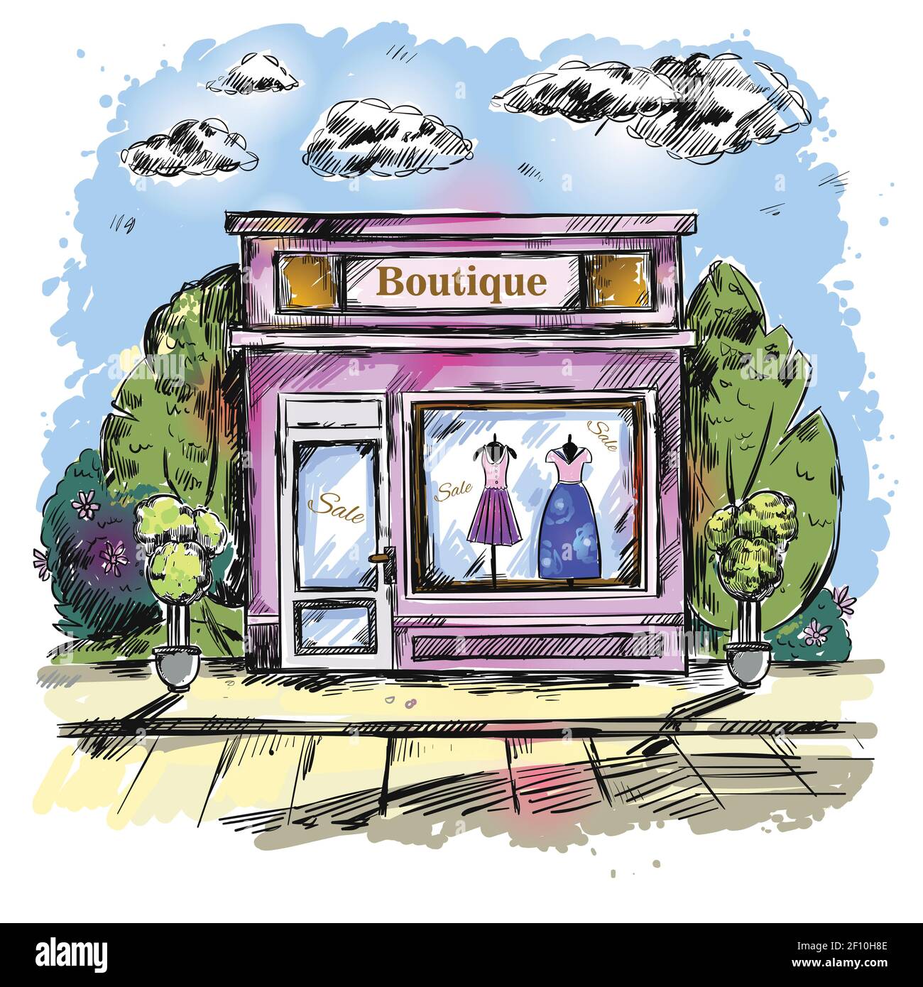 Boutique de vêtements du marché composition extérieure avec un monument et des vêtements pour femmes illustration vectorielle boutique Illustration de Vecteur