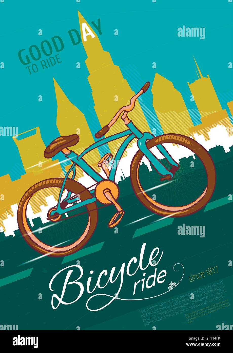 Affiche de vélo avec vélo sur route simple avec marquages illustration vectorielle d'arrière-plan sur le paysage urbain Illustration de Vecteur