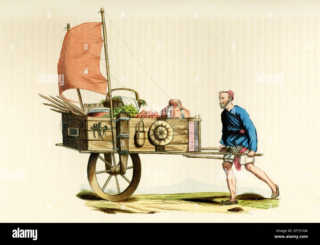 Cette illustration des années 1840 montre un homme chinois trévalant avec une “voiture de voile” - un chariot avec une voile attachée. La brouette chinoise, qui était conduite par le travail humain, les bêtes de la charge et l'énergie éolienne, était d'une conception différente de celle de son homologue européen. En plaçant une grande roue au milieu du véhicule au lieu d'une roue plus petite à l'avant, on pourrait facilement transporter trois à six fois plus de poids qu'avec une brouette européenne. Banque D'Images