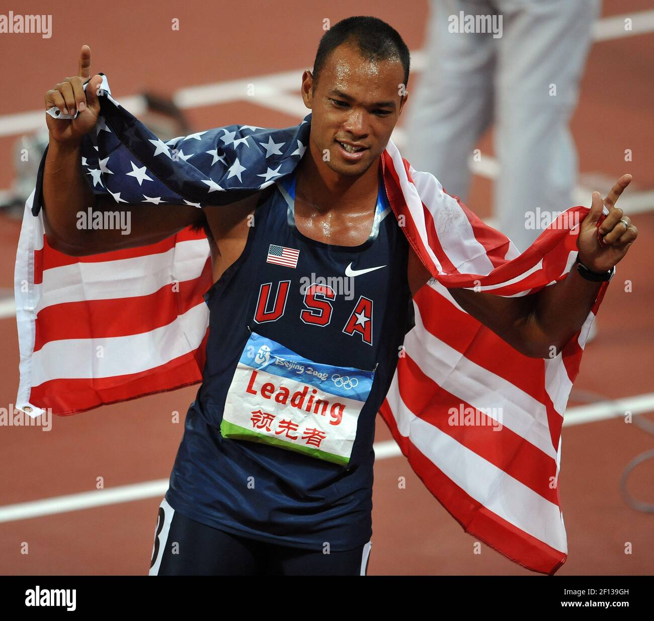 Bryan Clay, des États-Unis, célèbre la victoire du décathlon le vendredi 22 août 2008, aux Jeux de la XXIXe Olympiade à Beijing, en Chine. (Photo de Joe Rimkus Jr./Miami Herald/MCT/Sipa USA) Banque D'Images