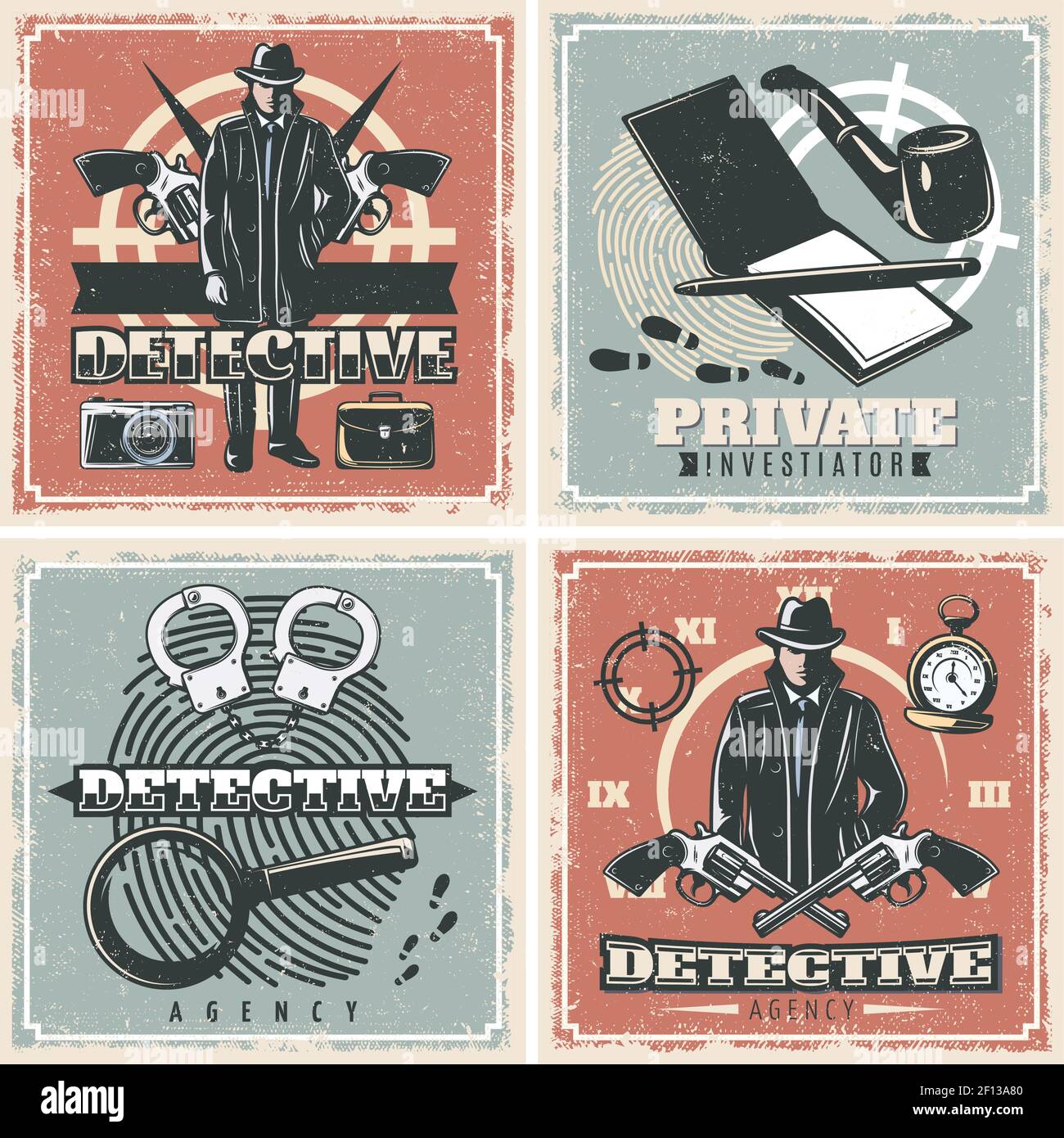 Quatre compositions carrées d'agence de détective dans le style de l'ancienne école avec caractère mâle avec symboles d'investigation illustration vectorielle Illustration de Vecteur