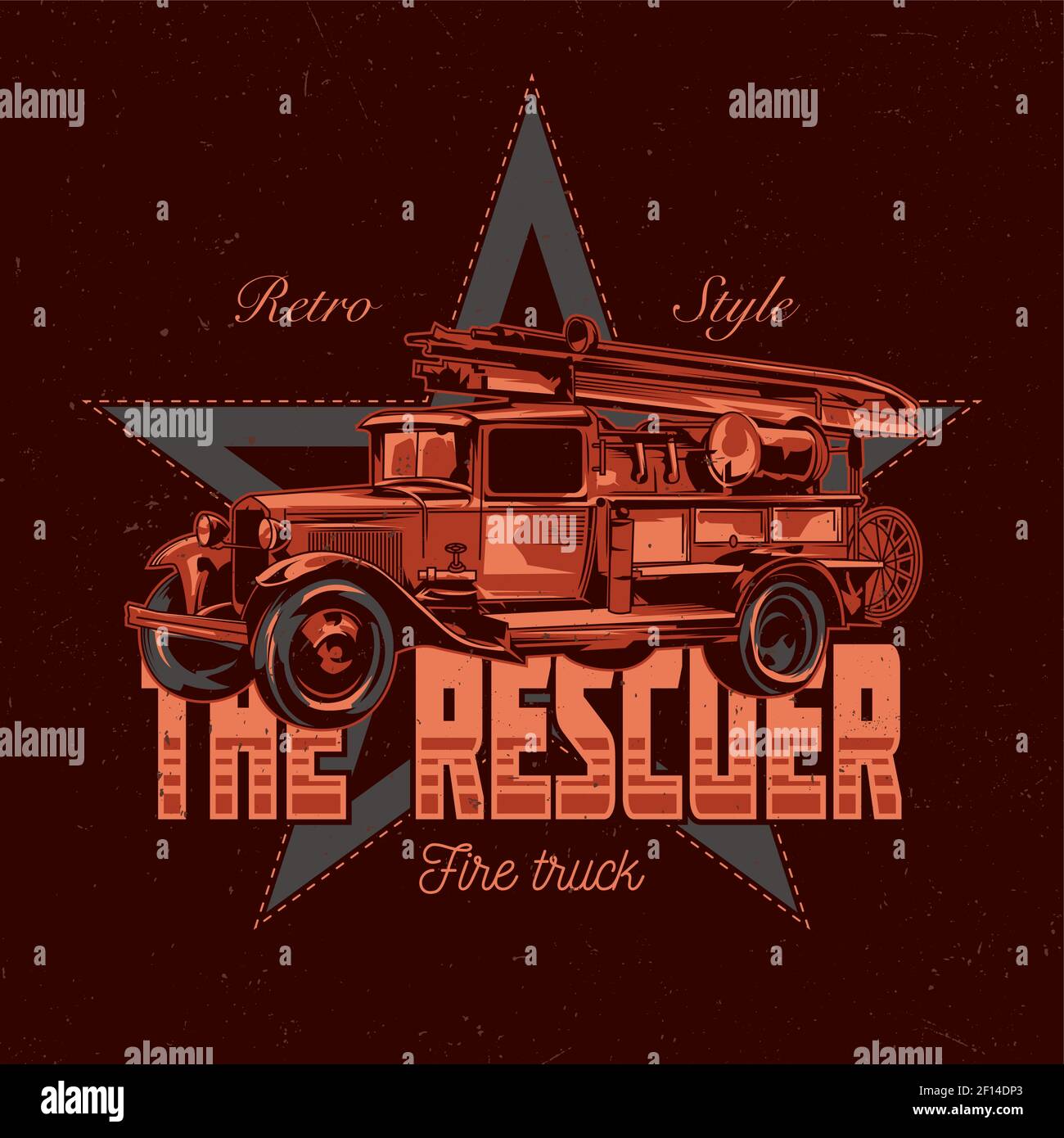 Étiquette pour t-shirt avec illustration d'un camion d'incendie d'époque. Illustration dessinée à la main. Illustration de Vecteur