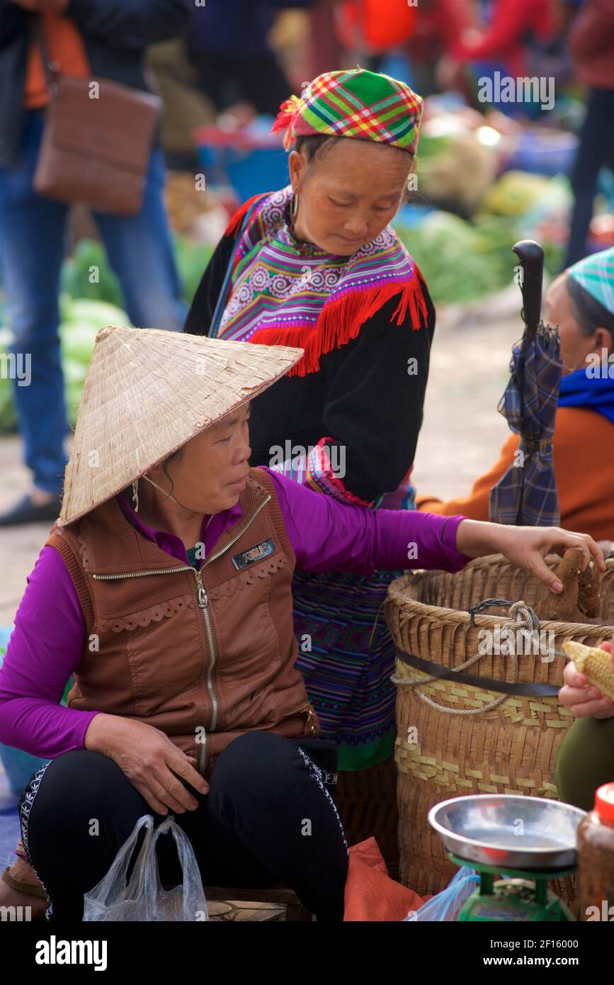 Femmes vietnamiennes, dont une femme Fleur Hmong en tenue traditionnelle et une femme portant un chapeau conique distinctif. Marché de bac Ha, province Lao Cai, Vietnam. Banque D'Images