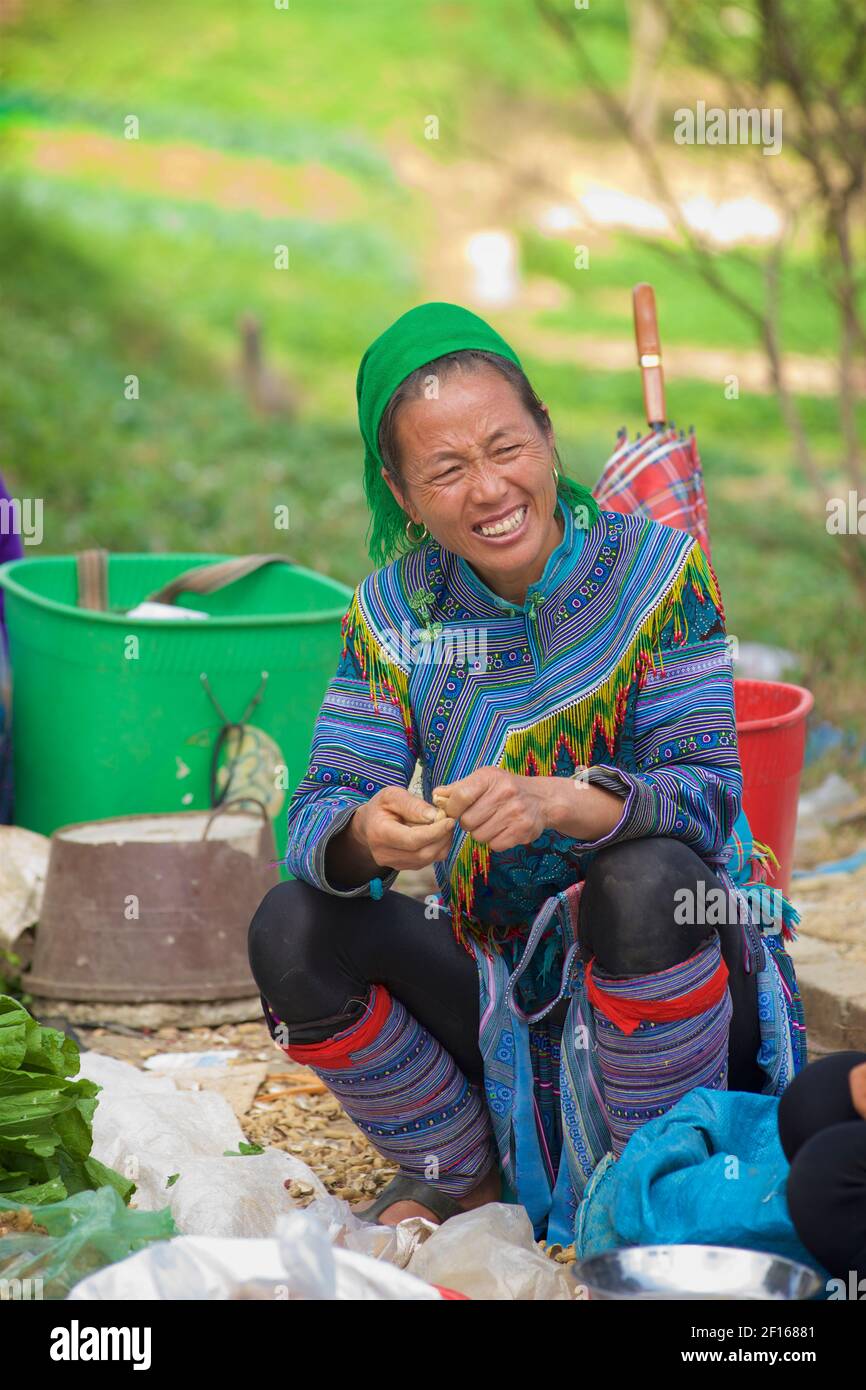 Femme vietnamienne souriante en tenue de style Fleur Hmong au marché de bac Ha, province Lao Cai, nord-est du Vietnam Banque D'Images