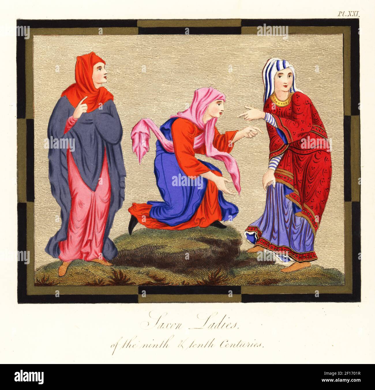 Femme anglo-saxonne dans le manteau, et femme portant son voile croisé de  Prudentius, Cotton MS Cleopatra C viii, et femme dans une tunique avec  bordure brodée de Gregory's Book of Job, Royal