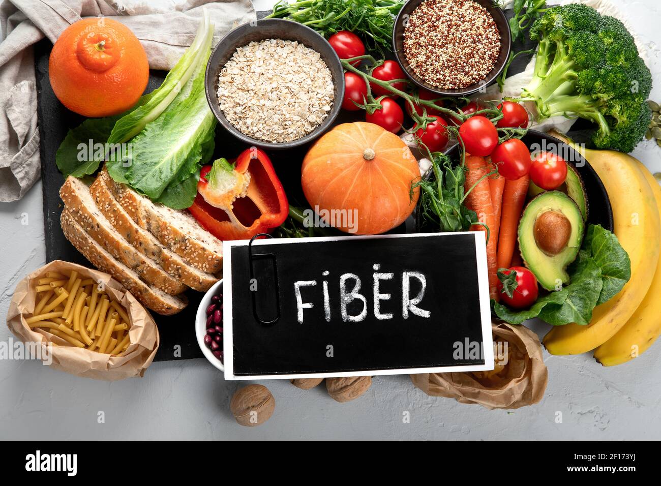 High Fiber Foods., concept de régime équilibré.. Aliments riches en antioxydants, minéraux et vitamines. Renforcement immunitaire. Flat Lay., vue de dessus Banque D'Images