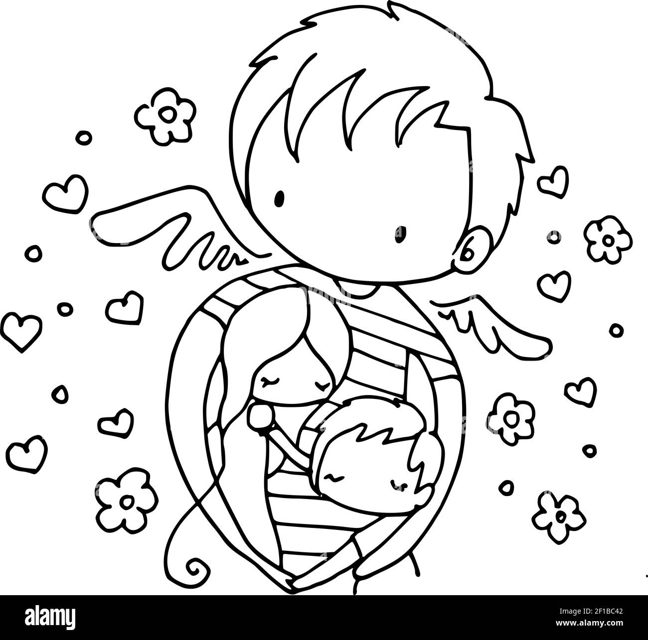 le dessin animé vectoriel noir et blanc garçon embrasse le rêve de famille Banque D'Images