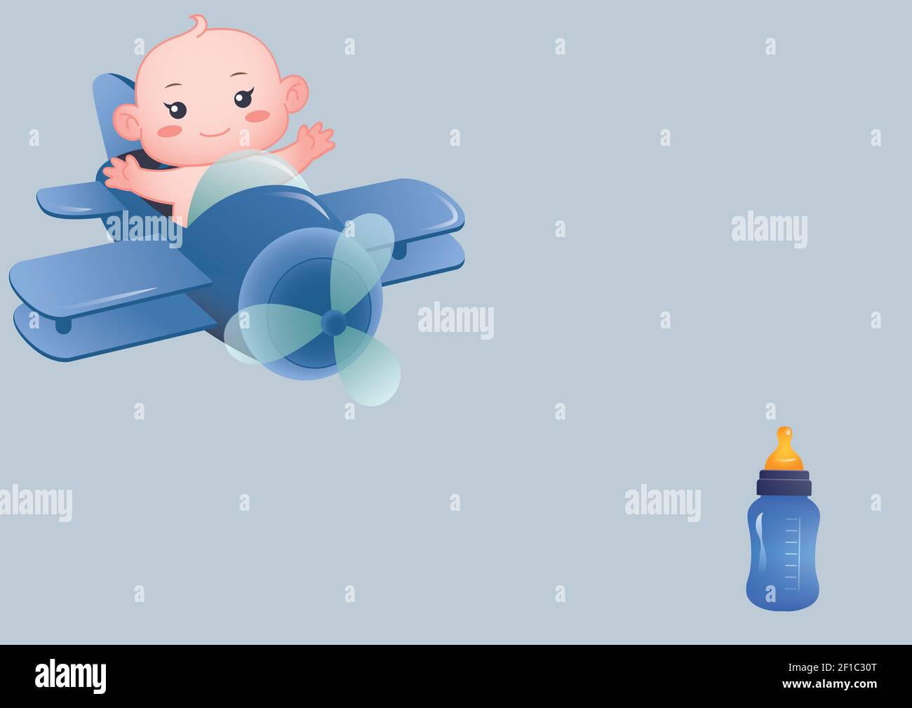 Illustration de bébé de dessin animé souriant dans l'avion volant vers le  biberon sur fond bleu pâle Photo Stock - Alamy