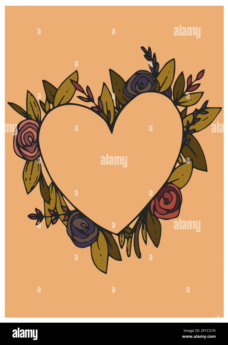 Illustration de roses formant un cœur avec un espace de copie sur l'orange arrière-plan Banque D'Images