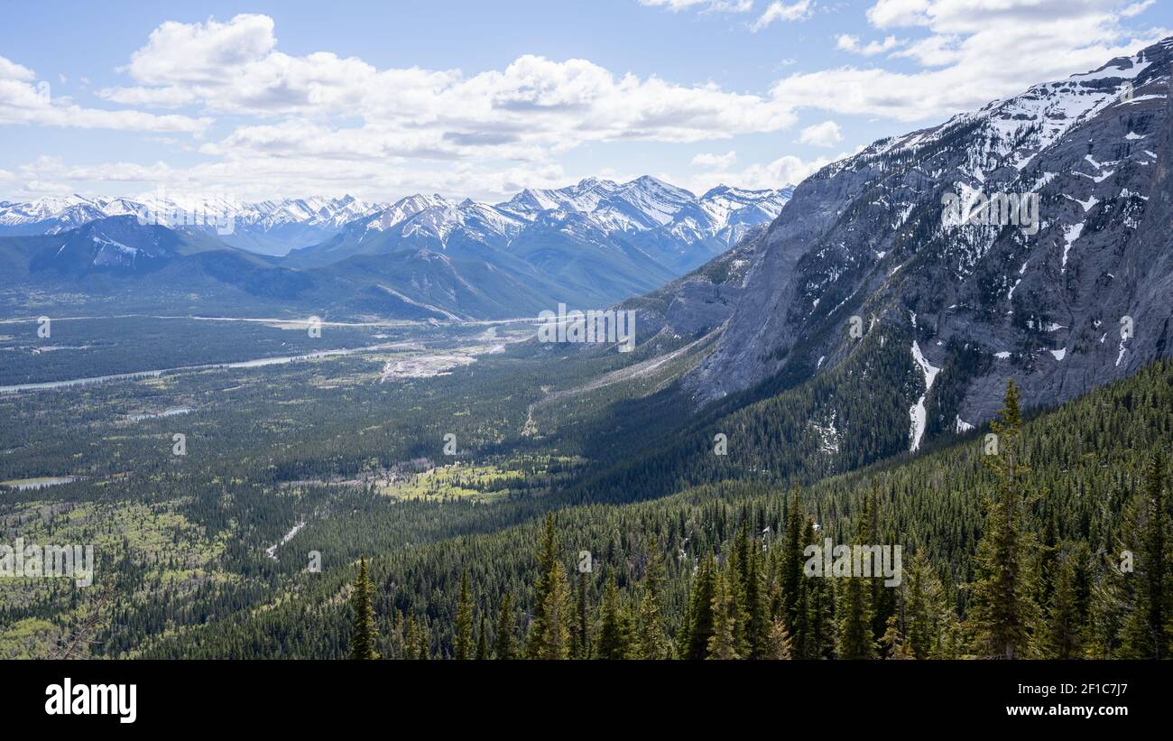 Belle vallée alpine avec forêts et pics de montagne, photographiée sur le sentier du Mont Yamnuska, Rocheuses canadiennes, Alberta, Canada Banque D'Images