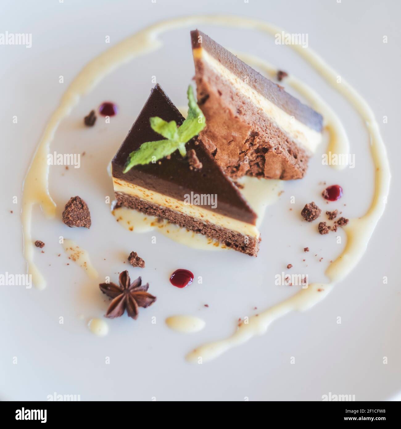 Nourriture et boissons, cheesecake au chocolat servi sur une assiette blanche avec anis et crème, look moderne minimaliste, sans couverts, magnifiquement présenté Banque D'Images