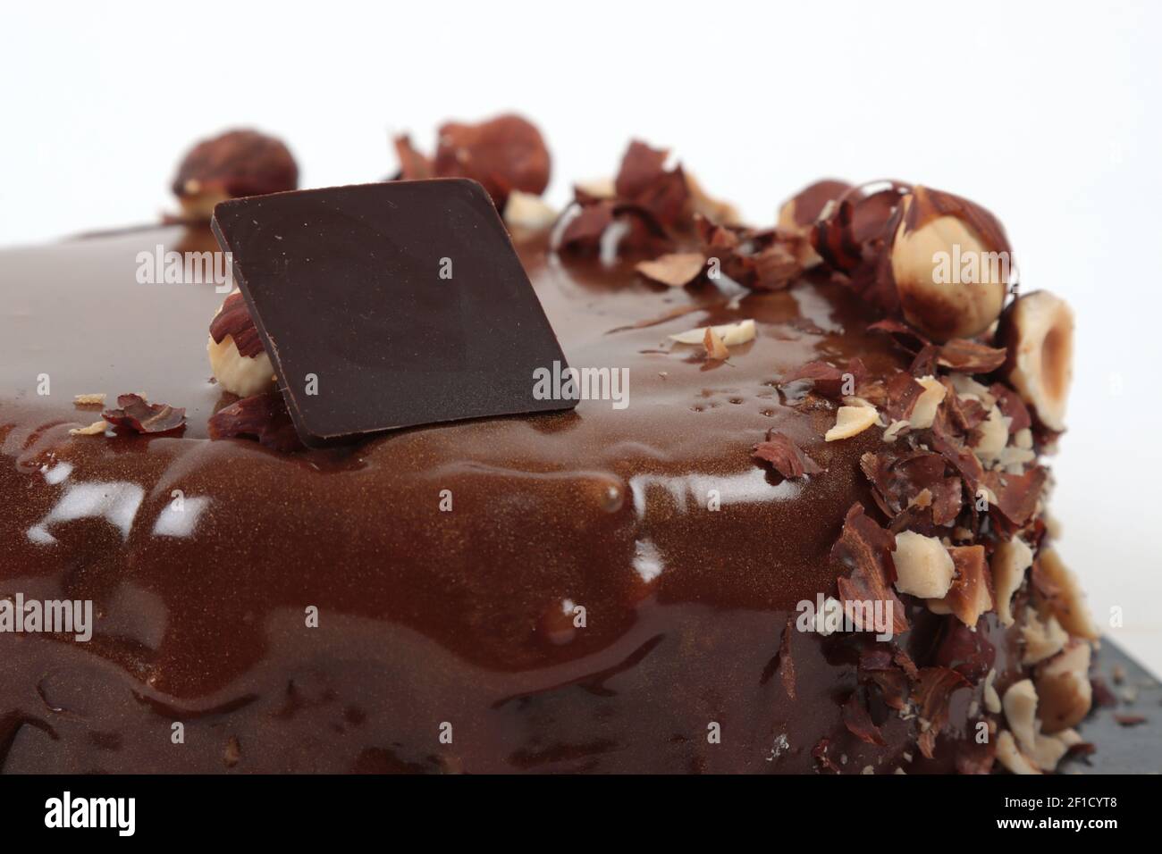 Gâteau artisanal au chocolat et à la noisette sur fond blanc Banque D'Images