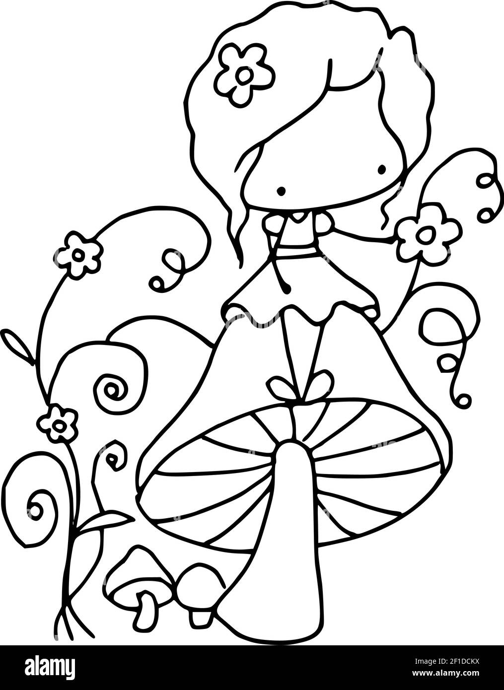 dessin animé vectoriel noir et blanc siège de fille sur champignon avec fleurs Banque D'Images