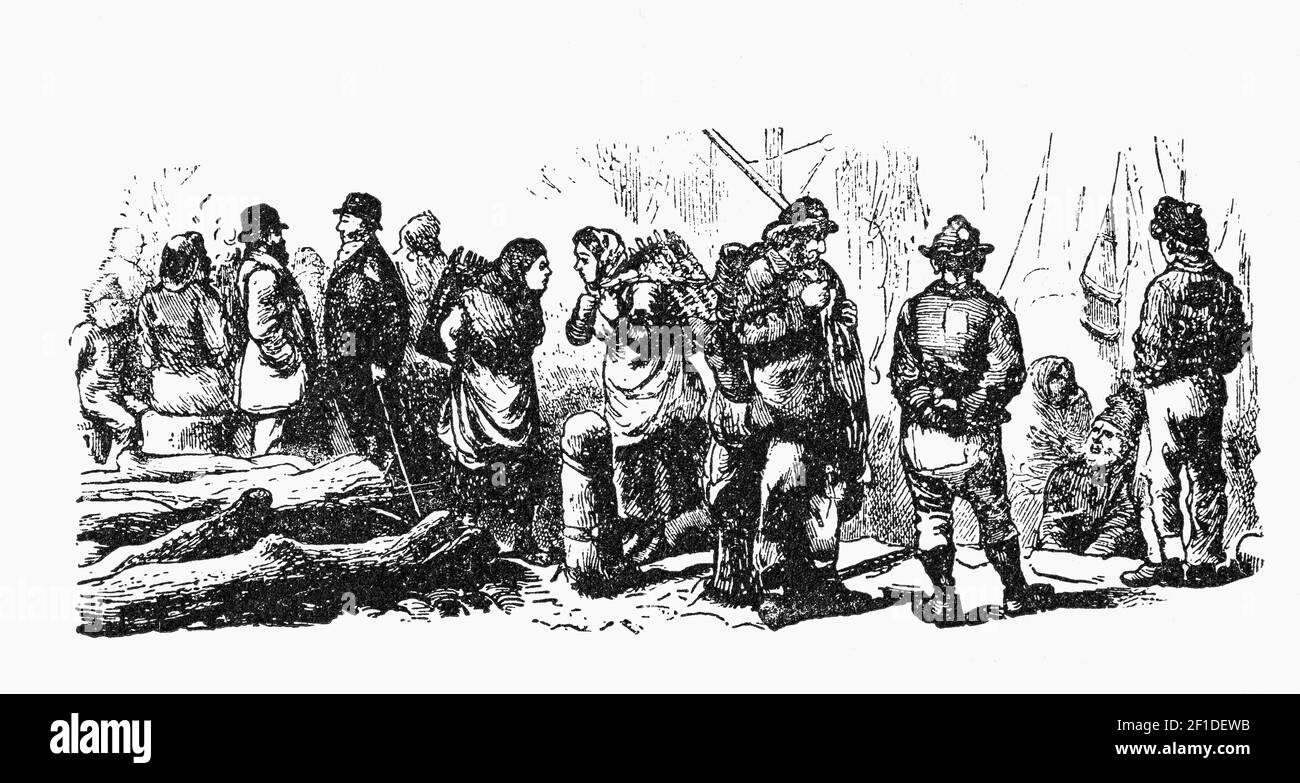 Illustration/dessin animé du XIXe siècle d'une sélection diversifiée de la population locale, des épouses de poissons de Claddagh aux gentlemen sur les quais de Galway, en Irlande Banque D'Images