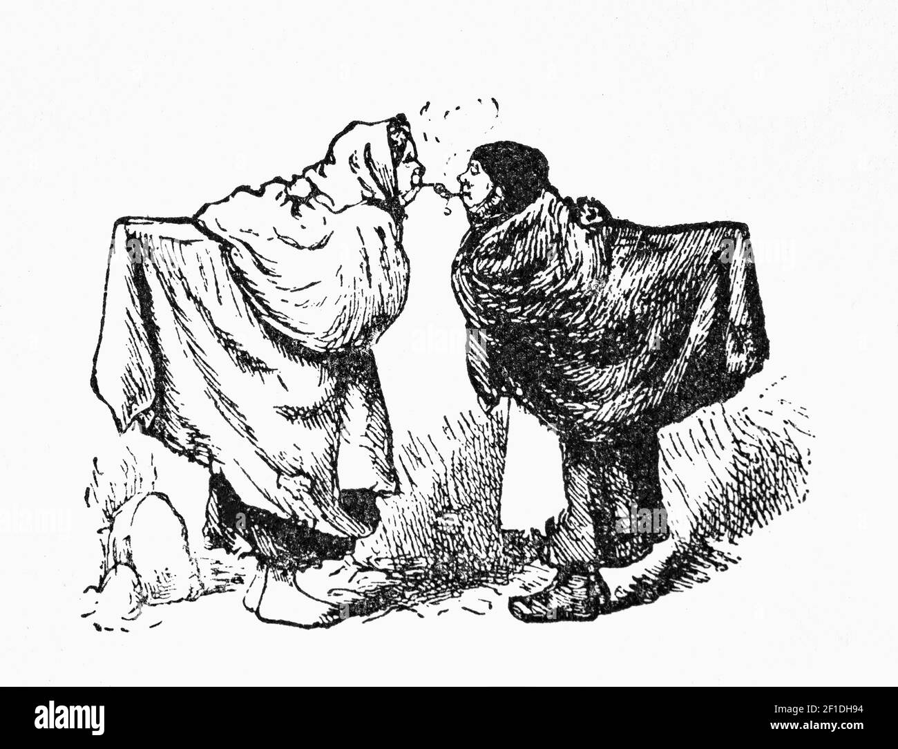 Illustration/dessin animé du XIXe siècle dans les rues de Cladagh Village, Galway City, Irlande, dans laquelle deux vieilles dames éclairent leurs tuyaux. Banque D'Images