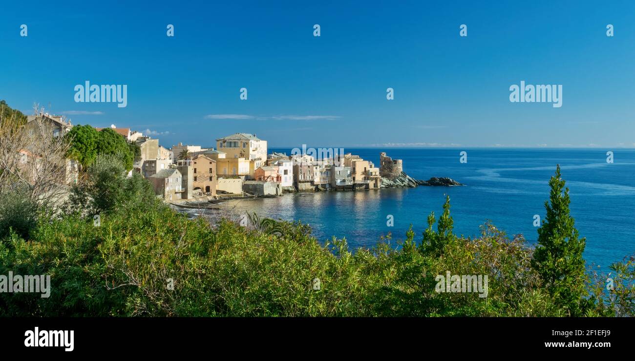 Vue sur le village d'Erbalunga, Cap Corse en Corse, France Banque D'Images