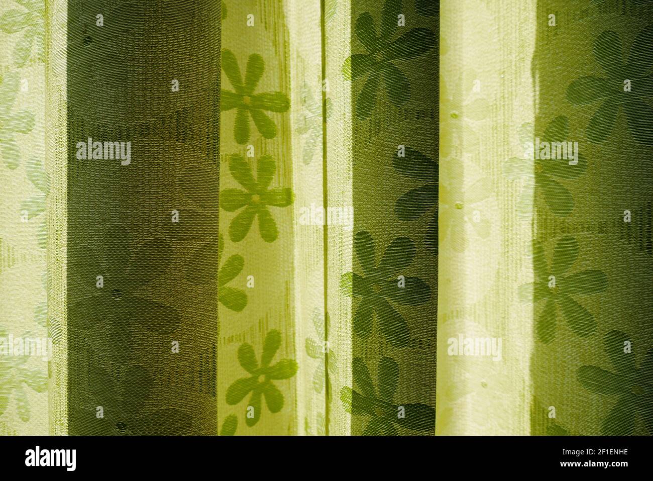 Rideau vert avec nuances de lumières, gros plan sur la texture, tissu avec motif Banque D'Images