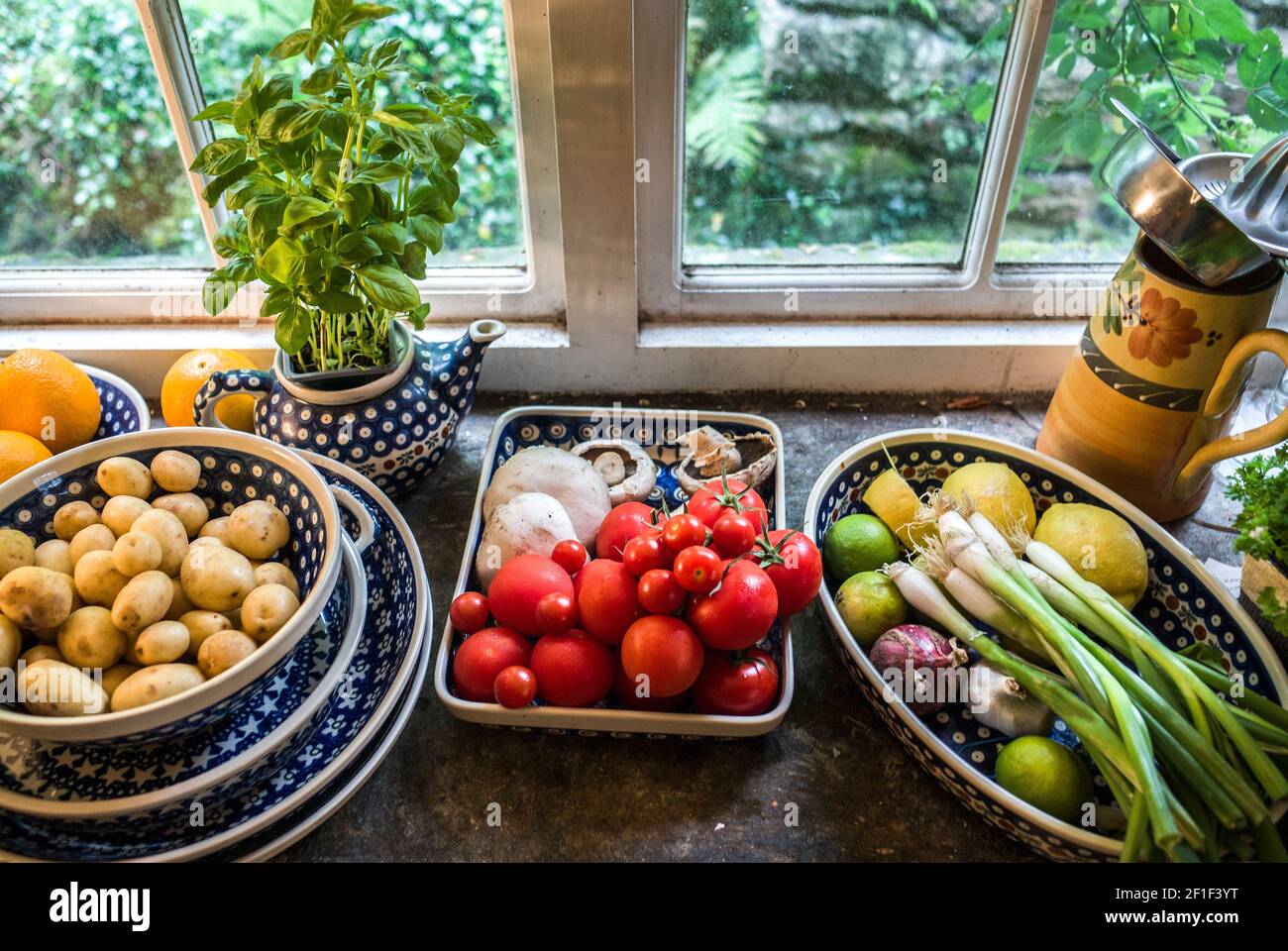 rebord de fenêtre avec tomates à la menthe et fruits frais oranges champignons citrons citrons citrons citrons nouveaux pommes de terre Banque D'Images