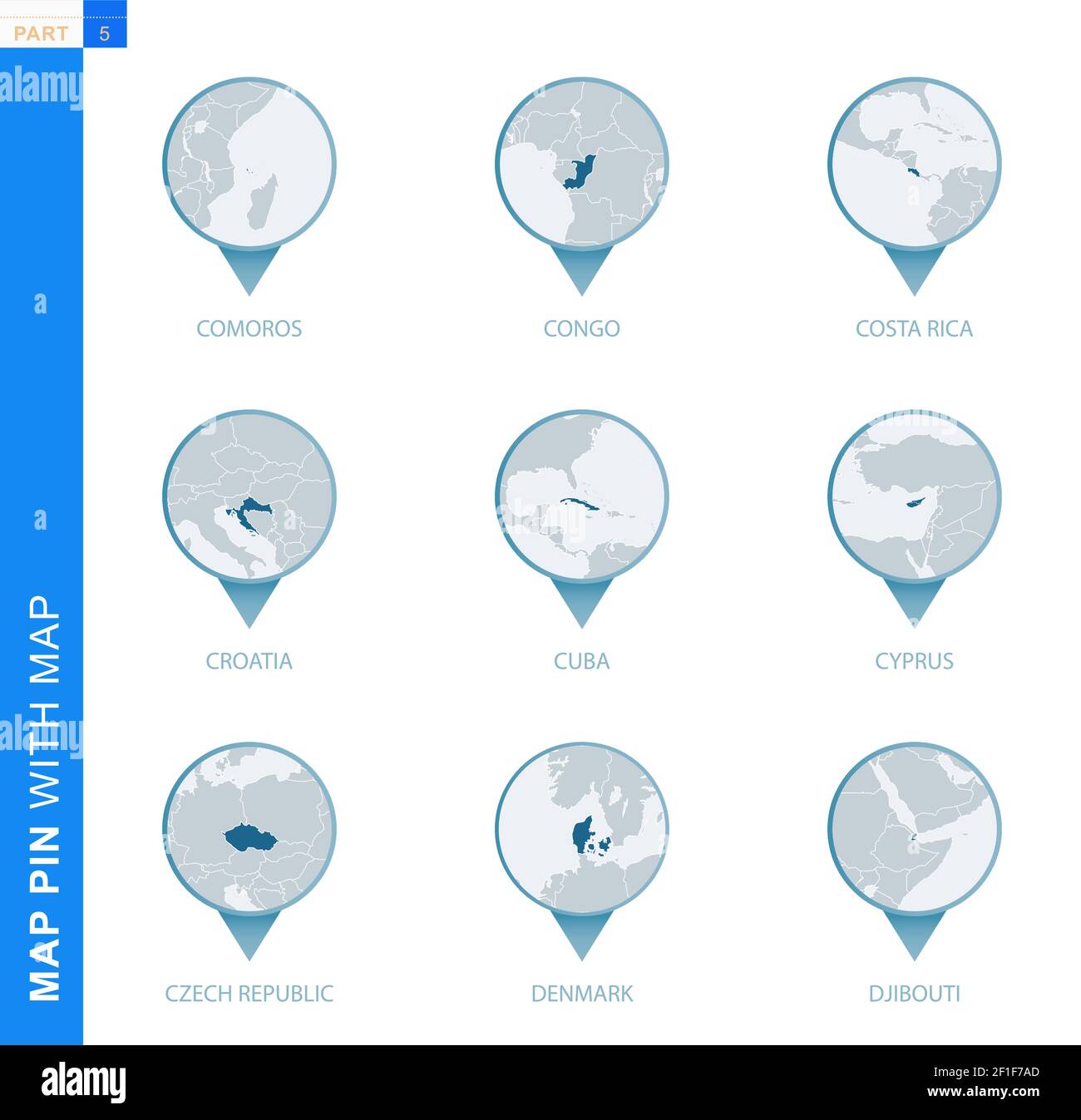 Collection de PIN de carte avec carte détaillée et pays voisins, 9 PIN de carte des Comores, Congo, Costa Rica, Croatie, Cuba, Chypre, République tchèque, de Illustration de Vecteur