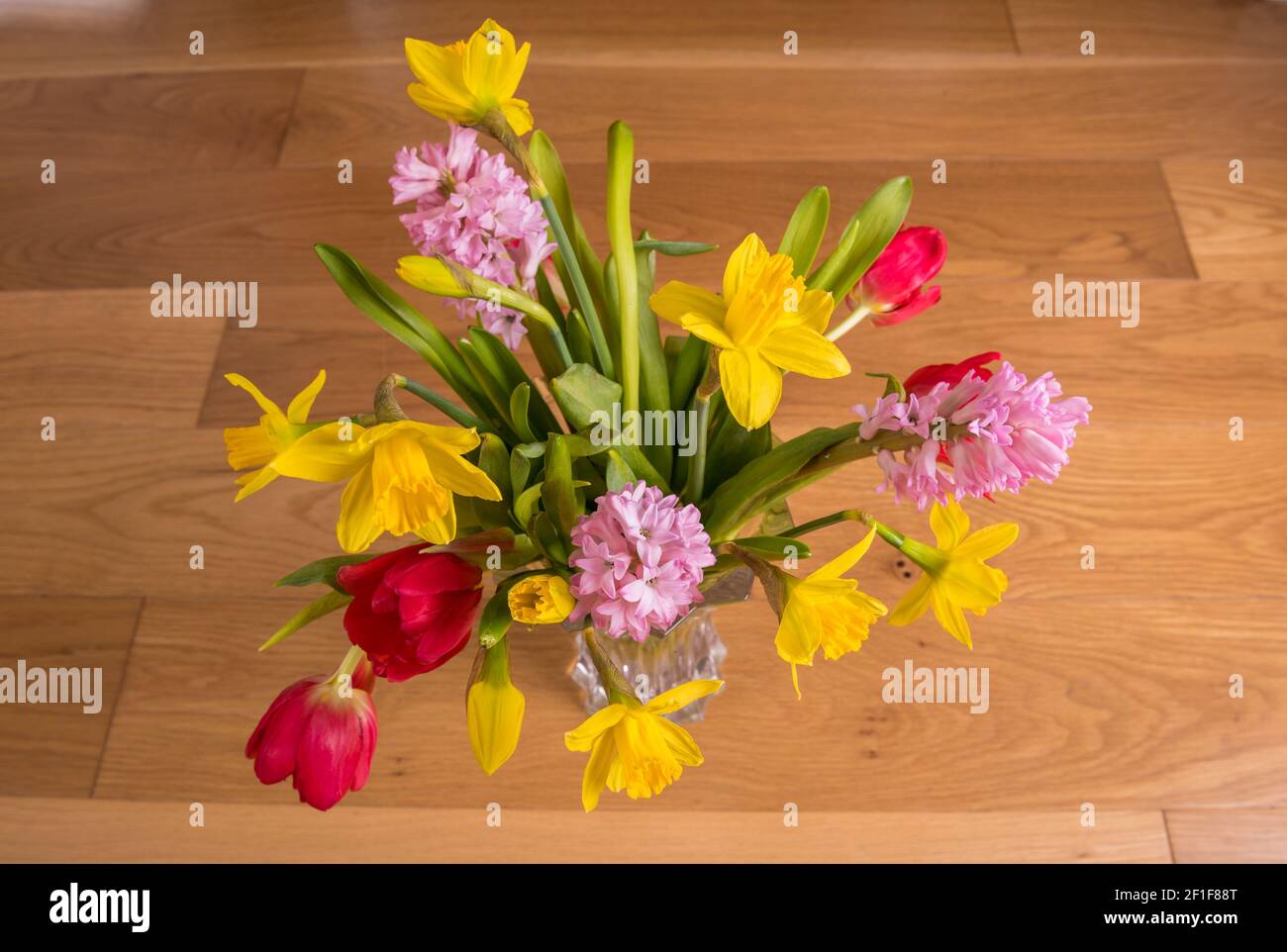 Un arrangement de fleurs coupées, tulipes, jonquilles et jacinthe dans un vase en verre sur un plancher laminé en bois. Banque D'Images