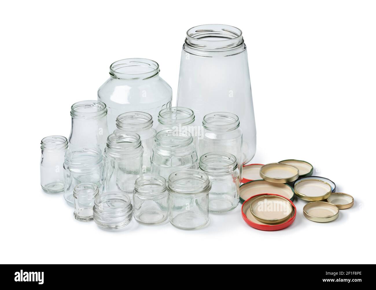 Bocaux en verre vides recyclés isolés sur fond blanc Banque D'Images