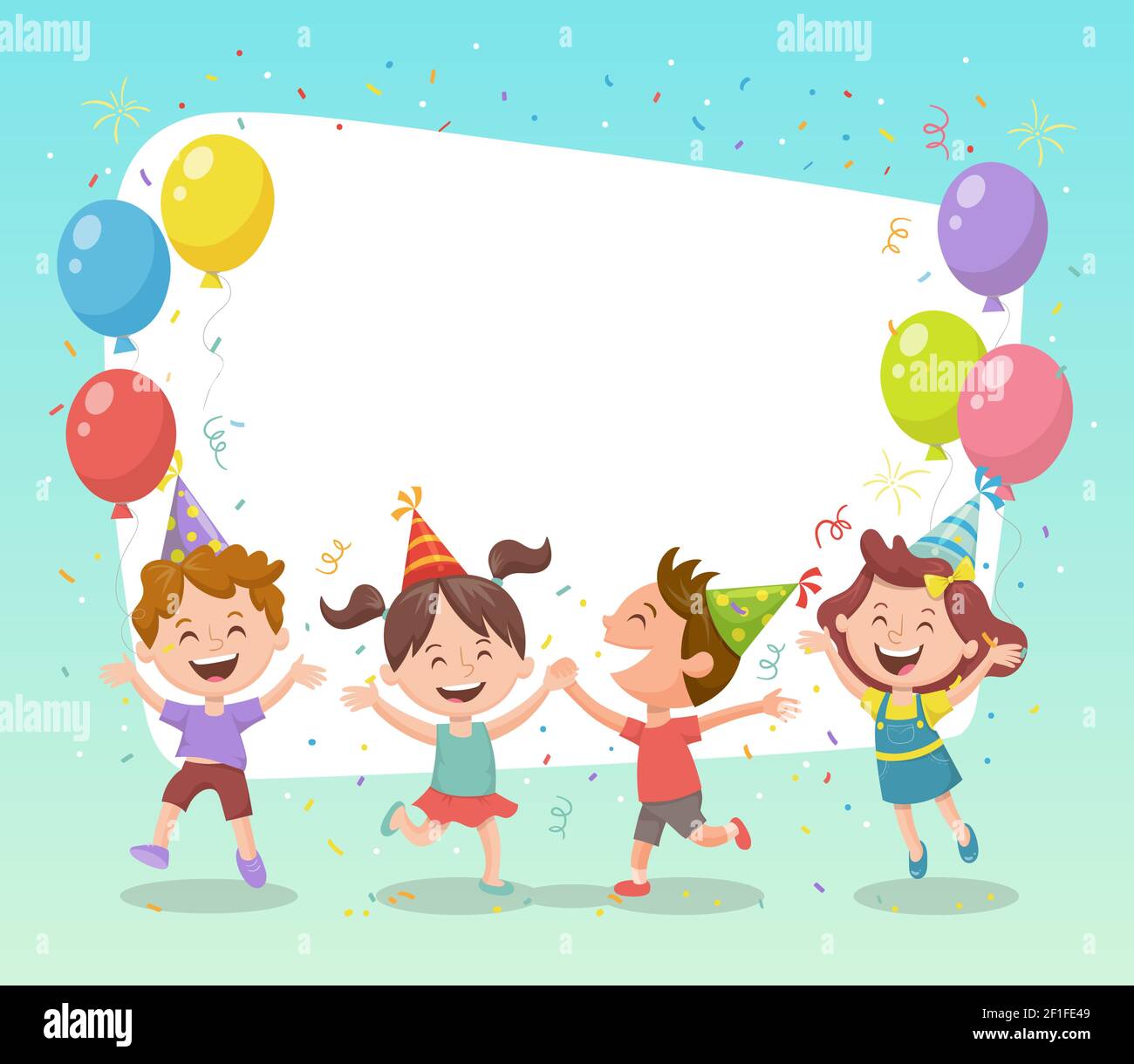 Groupe d'enfants heureux célébrant une fête avec des ballons, des chapeaux de fête et des confettis. Modèle pour créer des cartes d'anniversaire, des invitations, des cadres photo et le verso Illustration de Vecteur