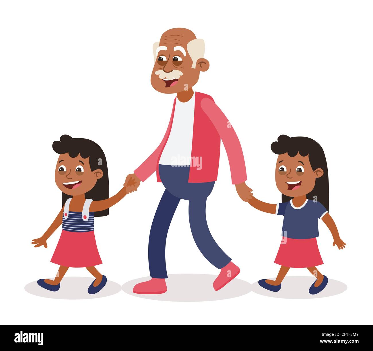 Grand-père avec ses petits-enfants marchant, il les prend par la main.deux filles, tweens. Style de dessin animé, isolé sur fond blanc. Vecteur illustrat Illustration de Vecteur