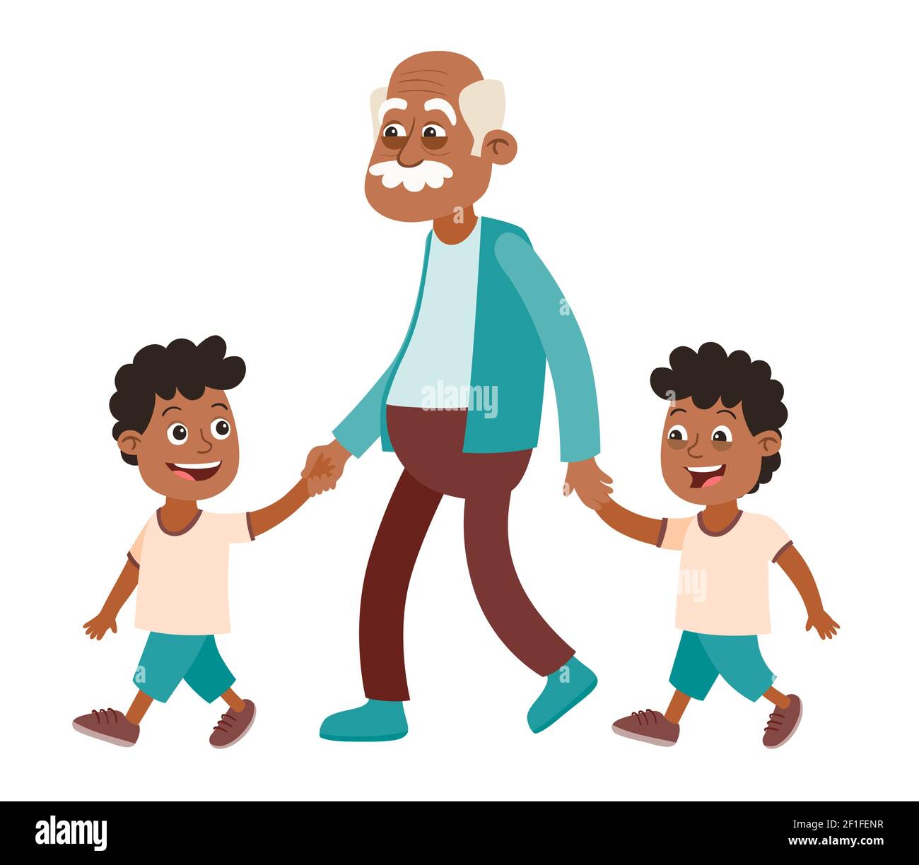 Grand-père avec ses petits-enfants marchant. Deux garçons, lits jumeaux. Il les prend par la main. Style de dessin animé, isolé sur fond blanc. Illustration vectorielle Illustration de Vecteur