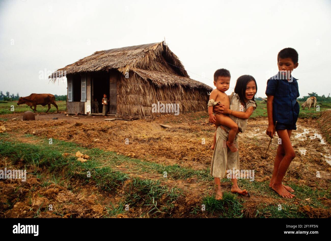 Village enfants, rural du Sud Vietnam, juin 1980 Banque D'Images