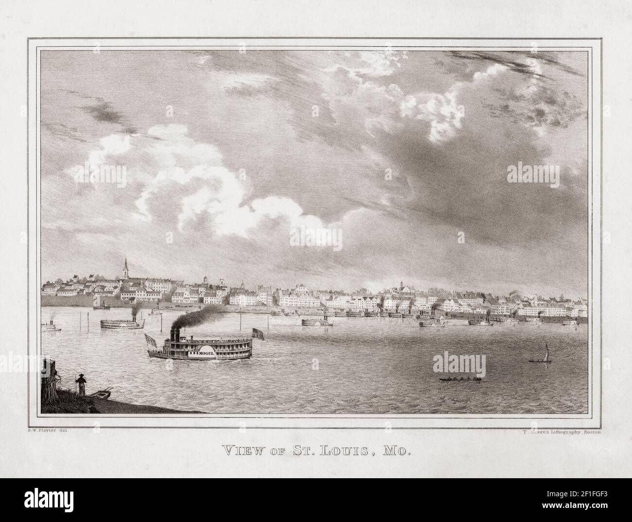 St. Louis, Missouri, États-Unis d'Amérique au début du XIXe siècle, avec des bateaux à aubes sur le Mississippi. Lithographie de T. Moore après une œuvre de E.W. Playter. Banque D'Images