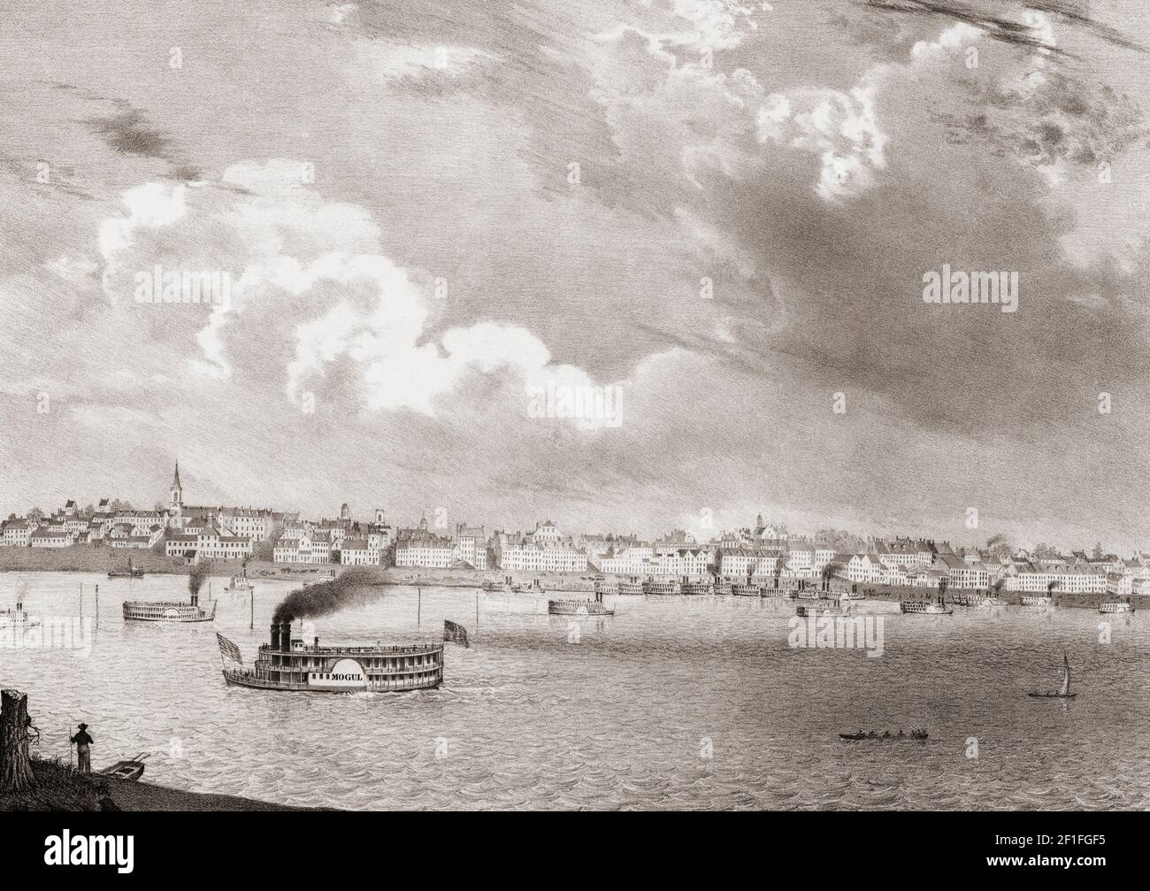 St. Louis, Missouri, États-Unis d'Amérique au début du XIXe siècle, avec des bateaux à aubes sur le Mississippi. Lithographie de T. Moore après une œuvre de E.W. Playter. Banque D'Images