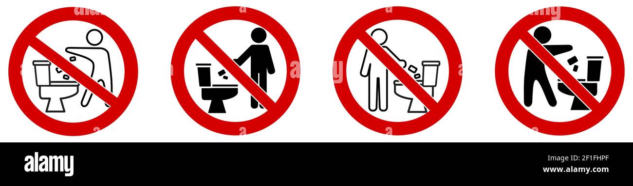 Ne jetez pas et ne rincez pas les poubelles de l'icône des toilettes. Silhouette d'homme simple jetant des choses dans le bol, cercle rouge croisé autour Illustration de Vecteur