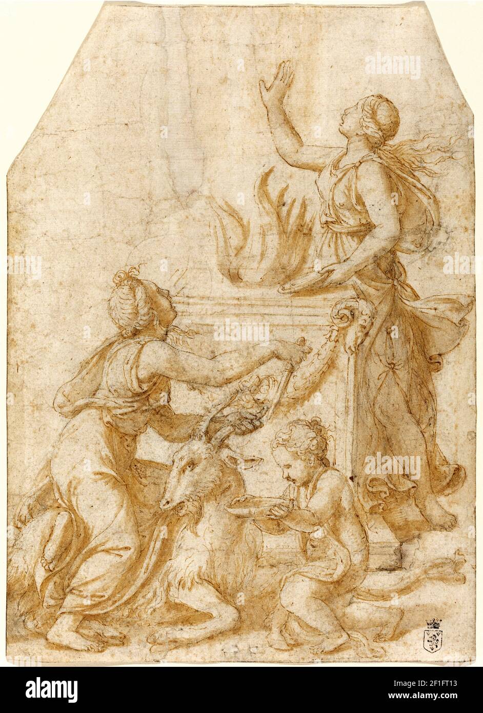 Giulio Romano. Dessin intitulé «le sacrifice d'un Goat à Jupiter» par le peintre et architecte italien Giulio Romano (Giulio Pippi, c. 1499-1546), stylo et encre brune lavées de brun sur de la craie noire sur du papier ponté, 1527/8 Banque D'Images Giulio Romano. Dessin intitulé «le sacrifice d'un Goat à Jupiter» par le peintre et architecte italien Giulio Romano (Giulio Pippi, c. 1499-1546), stylo et encre brune lavées de brun sur de la craie noire sur du papier ponté, 1527/8 Banque D'Images