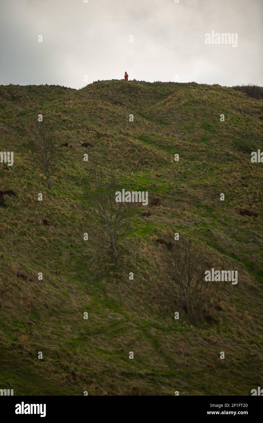 Édimbourg, Écosse, Royaume-Uni. 8 mars 2021. Un ouvrier solitaire au sommet de la « route radicale » sur Arthur's Seat, Édimbourg, 8 mars 2021. La route radicale est fermée en raison du risque continu de chute de roches. 65 tonnes de roche sont tombées sur le sentier en un an, selon l'Écosse historique qui surveille la situation. Credit: Gayle McIntyre/Alamy Live News Banque D'Images